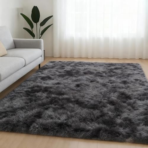 JOYARR Hochflor Wohnzimmer Teppich, Flauschig Waschbar rutschfest Moderne Teppiche für Schlafzimmer Büro Esszimmer Kinderzimmer Spielzimmer, 120x170 cm, Tie Dye Dunkelgrau