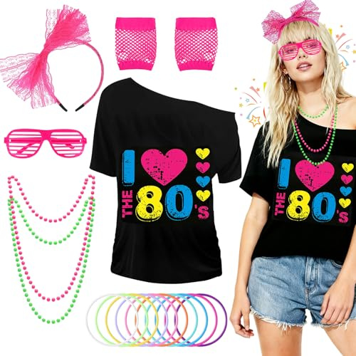 Bryndo 80er 90er Jahre Outfit Damen Set, 80er Jahre Kleidung Damen T-Shirt, Stirnband, Halskette, Neon Armband, Netzhandschuhe für Mottoparty, Karneval,Fasching