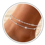Chihayafuji Fußkettchen für Damen Silber 925 Gold Verstellbares Wasserfest Herz Doppelte Stapelbar Fussketten Sommer Strand Fußkette Schmuck Geschenk Mädchen Frauen