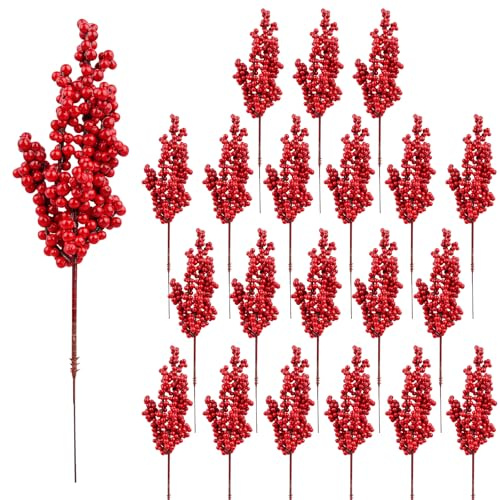 Aoligei 20 Stück Beerenzweig Künstlich, 20cm Künstliche Rote Beeren Realistisch Künstliche Stechpalmen Beeren Zweige, Weihnachtsbeeren Stiel Picks für Deko Adventskranz, Weihnachtsbaum, Tischdeko