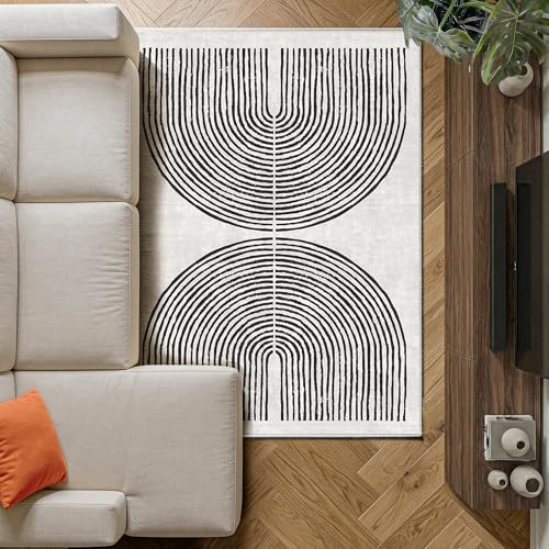 Decoranddecor Black and White Rugs Living Room 120x170cm Washable Non-Slip