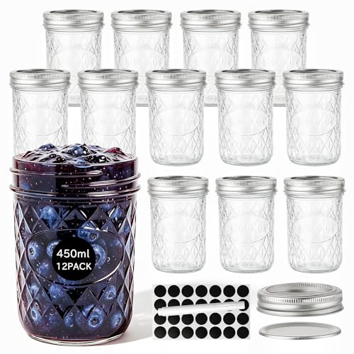 OAMCEG 12 Pack 450ml Jam Jars with Lids - Glass Mason Jars for Pickling | Mason Jars with Silver Metal Airtight Lids Includes Round Sticker Labels and Marker Pen for Jam, Honey, Food Storage
