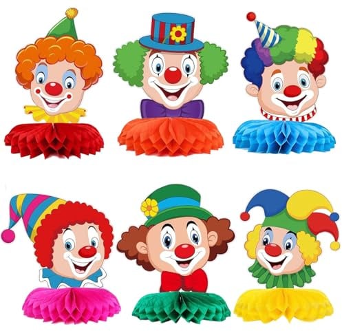 Clown Tischdeko Karneval, 3D Clown Wabenbälle Tischdekoration Faschingsdeko Bunte Party Mittelstücke Dekoration, Bienenwaben Tischdekoration für Karneval, Fasching, Fasnacht, Zirkus Deko (6Pcs)