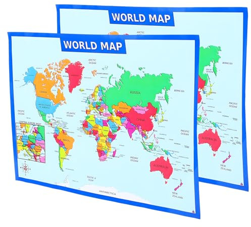 Ciieeo Poster Mappa del Mondo per 2 Pezzi 50x35 Cm Mappe Educative per Scuola Materna Asilo Nido Materiale Scolastico Resistente e Colorato per Apprendimento Geografia