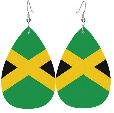 Flag of Jamaica Printed Dangle Leather Earrings, Reversible Statement Jewelry with Silver Plated Hooks
