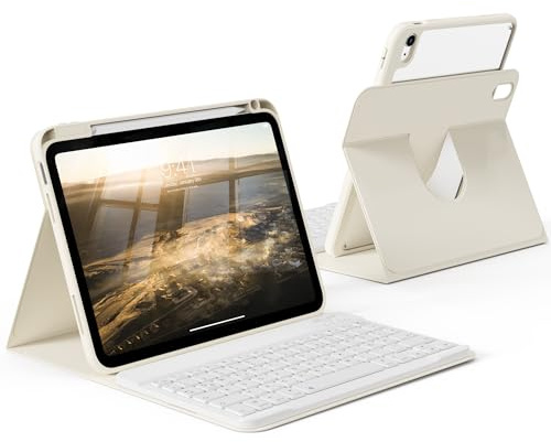 Hülle mit Tastatur für iPad (A16) 11/10 Generation 11/10.9 Zoll, Cremeweiß | 360°-Drehbarer Cover mit Stiftablage, Magnetisch Abnehmbare klare Schutzhülle für iPad 11/10.9 Zoll (2025/2022)