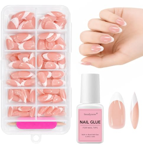 Soodyoow 120 Pcs Press On Nails, 12 Sizes Fake Nails Set, French Tip False Nails, Full Cover Stick on Nails, Short False Nails, Nails French Tip, with Nail Glue, Cuticle Pusher and Nail File, Almond