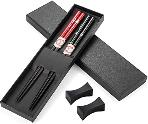 Leaptech Set de 2 Paires de Baguettes Japonais Nature Baguettes en Bois écologique dans Un Coffret Noble Coffret Cadeau (Noir Rouge - Fleur de Prunier)