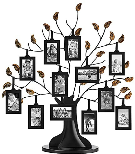 Americanflat Árbol genealógico de bronce con 12 marcos de fotos colgantes de 2 x 3 pulgadas en negro y borlas de cinta ajustables, 22 pulgadas