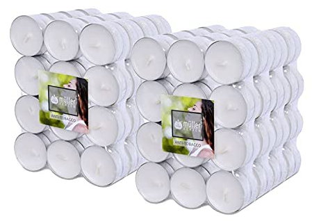 Müller Teelichte Duftkerzen – 39 × 15 mm – Brenndauer 4 Stunden – Wachskerzen – Anti-Tropf, Aluminiumbehälter (Anti Tabak, 192 Stück), Weiß