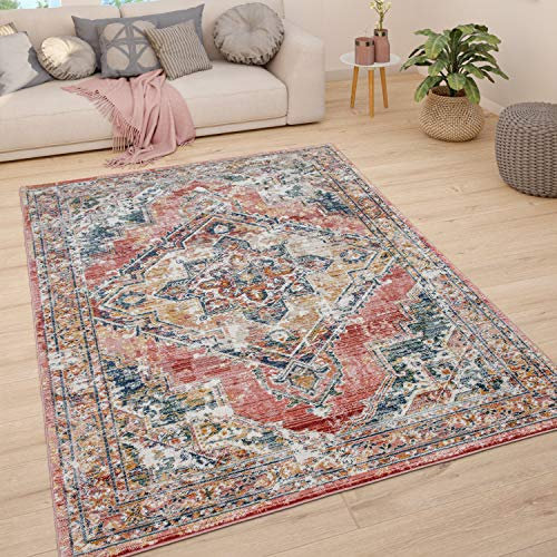 Paco Home Teppich Wohnzimmer Kurzflor Schlafzimmer Moderne Vintage Orient Ornament Muster Pastell Bordüre, Grösse:60x100 cm, Farbe:Rot 3