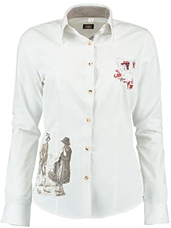 OS Trachten Damen Bluse Langarm Trachtenbluse mit Liegekragen Trynlo, Größe:34, Farbe:weiß