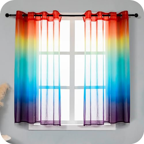GIRASOLE HOME Coppia Tende Voile Semi Trasparenti Colore Sfumato Arcobaleno Tenda per Soggiorno Camera Cameretta Cucina e Interni 2 Pannelli con Occhielli 140x138cm