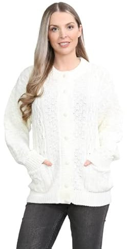 pretty attitude Women Winter Chunky Cable Knit Ladies Long Sleeve Aran Crew Neck Warm Cardigan (Cream Aran Bw, 10)