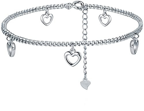 J.Endéar Boho Fußkettchen mit Kleinen Herz Anhänger | 925 Sterling Silber Panzerkette Fußkette |Sommer Strand Wasserfeste Fusskettchen Schmuck für Damen Frauen Mädchen
