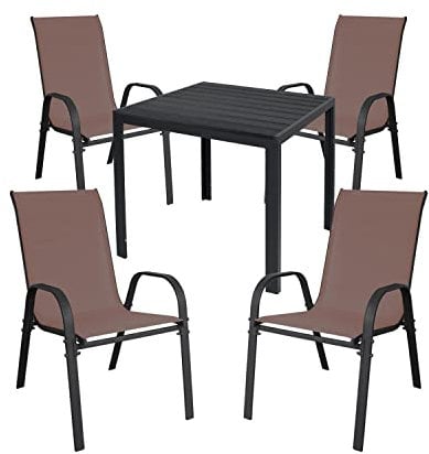 Mojawo Hochwertige Gartengarnitur 5-teilig Gartentisch 90x90cm Anthrazit WPC Grau + 4 Stapelstühle Textilen Anthrazit/Braun
