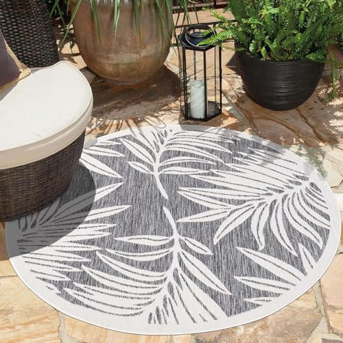 carpet city Teppich Outdoor Wetterfest - Grau - 160x160 cm Rund - Palmen-Blätter - Balkon Teppich Wasserabweisend - In-& Outdoor Teppiche für Terrasse, Garten, Küche, Bad oder Wohnzimmer