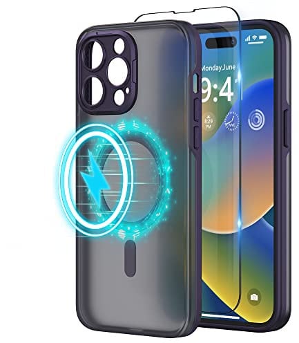 SURPHY Designed for iPhone 14 Pro Max Case Compatible with MagSafe (6.7 inch, 2022), with Screen Protector & Camera Protector Translucent Matte Phone Case, Purple