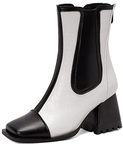 Vrupons Moda donna Chunky Tacchi Chelsea Stivali e stivaletti alla caviglia con punta quadrata per appuntamenti/affari, bianco, 46 EU