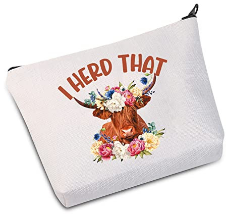 LEVLO Kosmetiktasche, Motiv: Hochlandkuh mit Blume, Bauernhof, Kuh-Liebhaber, Geschenk I Herd That Cow, Make-up, Reißverschluss, Pouh-Tasche für Kuhmädchen, I Herd That, Kosmetiktasche