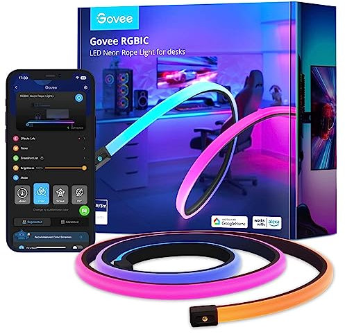 Govee Luci LED da Gioco RGBIC, 3m Luci a Corda Neon Morbide per Scrivania Gaming, Strisce LED Sincro con Razer Chroma, Controllo App Smart, con Taglio, 11 Modalità Musicali, 64+ Modalità Scena