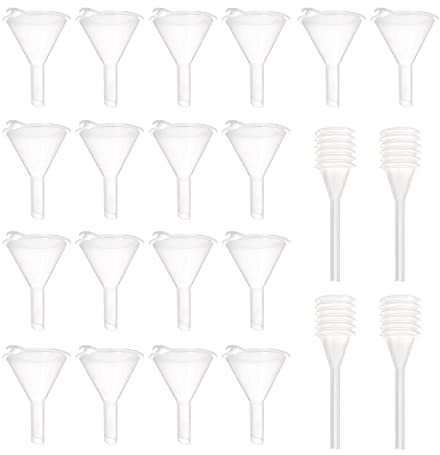 Confezione da 18 mini imbuti con 4 gocce di piuma, imbuto trasparente, piccolo imbuto di plastica, imbuto dosatore per cosmetici, oli essenziali, lozioni, spezie