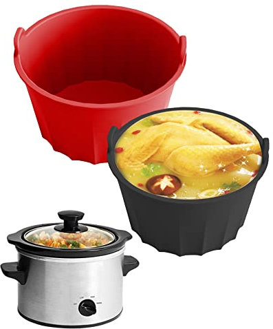 Silicone Slow Cooker Liners, 2pcs Compatible for 5-6 QT Round or Oval, Leakproof & Reusable Crock Pot Liners, Dishwasher Safe (Black+Red)
