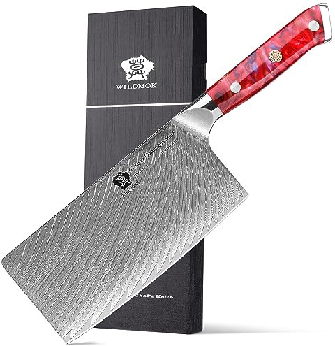 WILDMOK Chinesisches Hack Messer, ultrascharfes Fleischerbeil 17.8cm, Kochmesser Professionelles zum Schneiden von Fleisch und Gemüse, geschmiedeter Klinge aus Damaststahl und Griff aus Harz