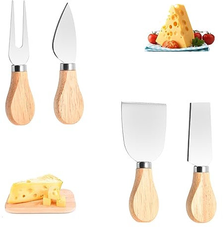 NUWIQ 4 Pcs Cheese Knife Set, Stainless Steel Cheese Knives, with Wooden Handle, for Family, Gathering, Christmas, Halloween Party