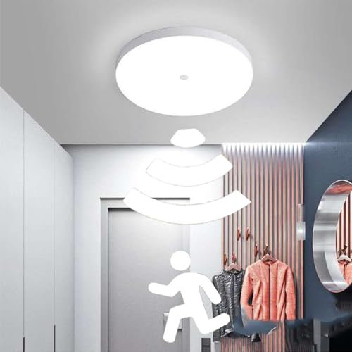 LED Deckenlampe mit Bewegungsmelder, Deckenleuchte 20w Kaltweiß 6000k rund, Sensor Wandlampe LED für flur Garage Treppenhaus Balkon Küche Badezimmer Keller Abstellraum Carport, Quadrat (rund(20W))