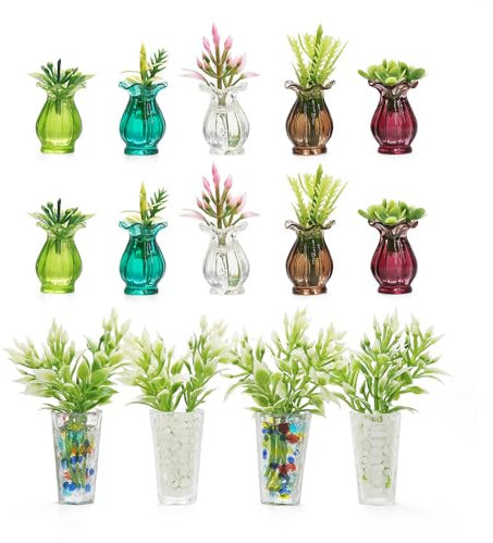 Odoria 1/12 Scale Dolls House Miniature Potted Plants 4Pcs and Flower in Vase 10Pcs Dollhouse Accessories