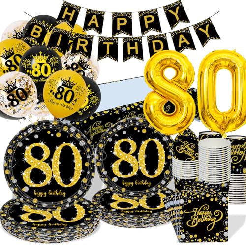 80th Birthday Decorations Party Tableware Set, Black Gold 80th Birthday Paper Party Plates Cups Napkins Tablecloth Balloons for Women Men 80th Birthday Party Decorations Table Supplies, 16 Guests