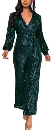 shownicer Damen Pailletten Overall Langarm V-Ausschnitt Glitzer Strampler Lockere Hose Party Einteiler Lang Jumpsuit Elegant Playsuit Romper A Dunkelgrün XL