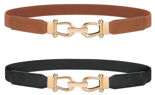 JasGood 2 Stück Skinny Elastischer Taillengürtel Dünner Damen Vintage Mode Dehnbarer Gürtel mit Goldener Schnalle