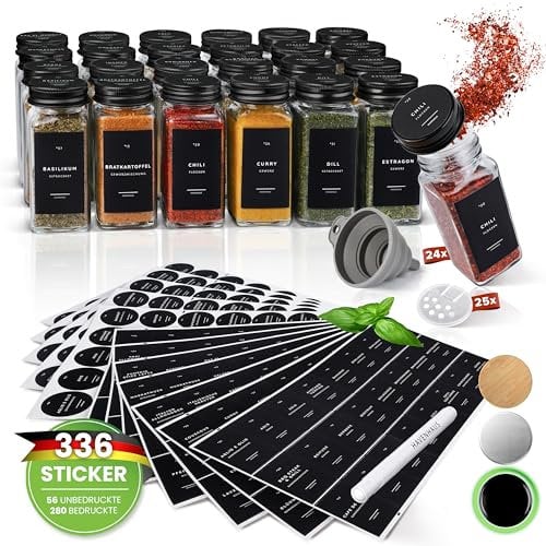 Havenhaus premium Gewürzgläser Set schwarz | 24 Gewürz Organizer inkl. 336 deutschen Gewürzetiketten | Gewürzgläser eckig mit Streuaufsätzen lebensmittelecht | Gewürzstreuer & Gewürzbehälter modern