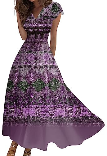LSAltd Kleider Damen Sommerkleid Wickelkleid Damen Lang Für Rundhals Blusenkleid Damen Kleider Elegant Cocktailkleid Damen Elegant Etuikleid Damen Elegant Italienische Mode Damen（4-Purple,L）
