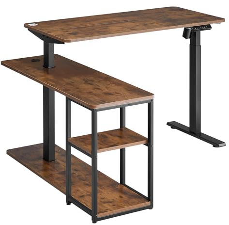 Ergo Office ER-450 Höhenverstellbarer Elektrischer Schreibtisch, Eckschreibtisch mit Regal, L Form, Verstellbare Höhe von 73 bis 121 cm, Bürotisch, Schwarz/Rustikales Braun