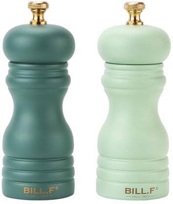 Bill.F Salt and Pepper Grinder Set, Wood Pepper Mill Set of 2 Manual Salt Pepper Shakers Grinder Refillable 5 Inch with Adjustable Ceramic Grinding Rotor(Set of 2 Green)
