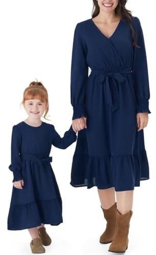 PATPAT Mutter Tochter Kleid Set Langarm Stitching Einfarbig Familienoutfits, Kleider für Mädchen Partnerlook, Mama Tochter Strandkleid, Mutter Baby Partnerlook, Blau, Damen: L