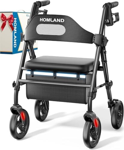 HOMLAND Folding Rollator Walker with Seat, Portable Walkers for Car Trunks | 159kg Stable Support, Dual Bar Reinforced Frame with Storage Bag, Enlarged Seat, 20 cm All-Terrain Wheels, Height Adjustable