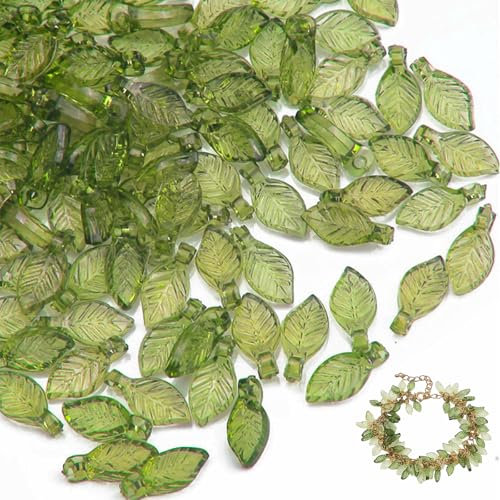 BelleVive 100 Stück Acryl Grün Blatt Perlen zum Basteln, Lose Perlen mit Loch, Bastelperlen für Auffädeln für DIY Handwerk Dekor, Halsketten Ohrringe Schlüsselanhänger, Schmuck Armbänder