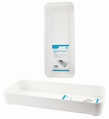 1x Plastic Stackable Storage Bin - 38cm x 15cm x 5cm - White - Large Bathroom Kitchen Cupboard Shelf Organiser Boxes Set - By Ashley