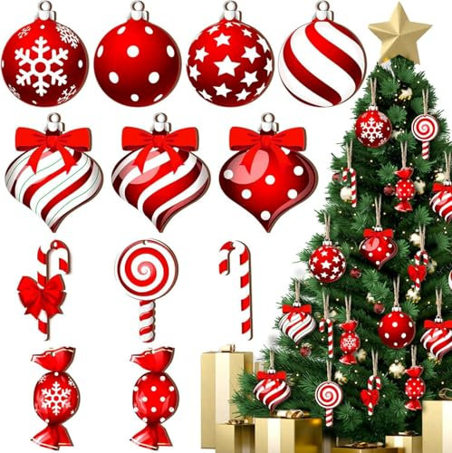 24 Pcs Zuckerstangen Weihnachtsbaum Dekor,Weihnachtsdekoration mit Kordel,Holz Weihnachten Rot Deko Weihnachten,für Weihnachten Deko Geschenkanhänger