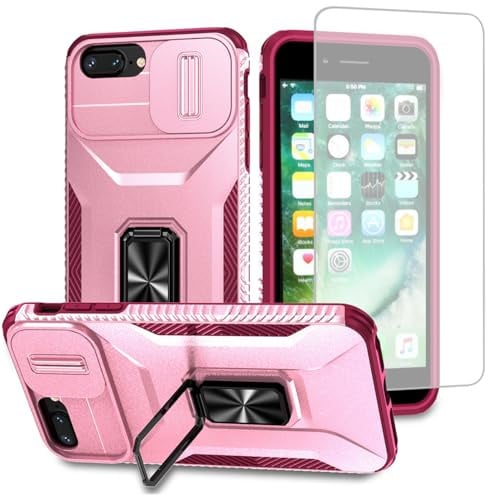 Vavies Coque pour iPhone 7 Plus/Pour iPhone 8 Plus/Pour iPhone 6Plus/6S Plus avec protection d'écran en verre trempé, Caméra Coulissant et Anneau Magnétique Support Voiture Étui Pour iPhone 8 Plus Vin