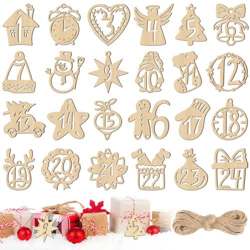 24pcs Chiffres en Bois Calendriers de l'Avent Numéro 1 à 24 Compte à Rebours de Noël Forme Maison Étoile Arbre Cloche Ange Ornement Pendentif Suspendus Bricolage Décoration Fête l'Avant