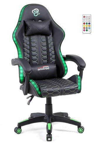 Amstrad Fauteuil Gaming AMS-LED-Venom - Simili Cuir Noir et Vert - Eclairage LED 366 Effets - Télécommande
