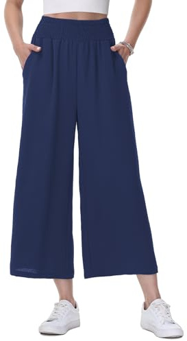 HMIYA Damen 3/4 Culotte Hose Leichte und Luftig Sommerhose Weites Bein Stoffhose,Navy,L