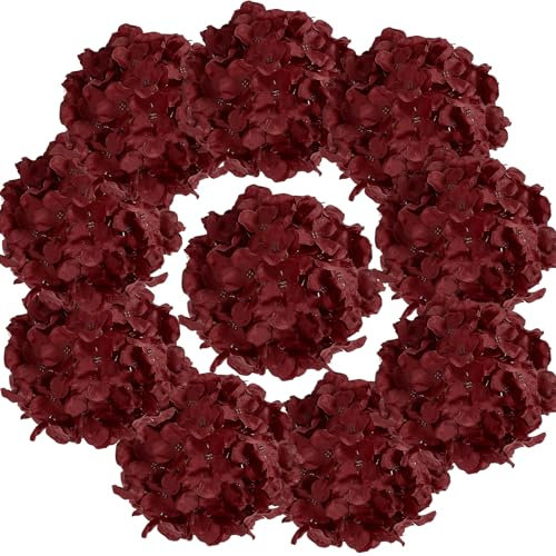 Auihiay 10 flores artificiales de hortensias, flores de color burdeos sintético para centros de mesa de boda, ramos de bricolaje, despedida de soltera, decoración floral del hogar con tallos (jarrón