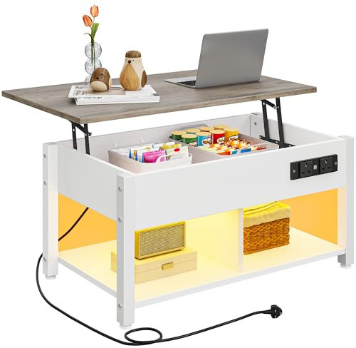 YITAHOME Lift-Top Coffee Table, Easy Adjustable Height with Hidden Storage, Rectangular Coffee Table with 2-Tier Storage, Power Outlets, Multi-Color LED Lighting for Living Room, White and Grey