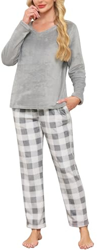 Sopesil Pigiama Donna Invernale in Pile a Scozzese Set Pigiama Lungo Donna in Flanella con Maniche Lunghe Pigiami con Collo a V e Tasche Caldo e Comodo Taglie S-XXL